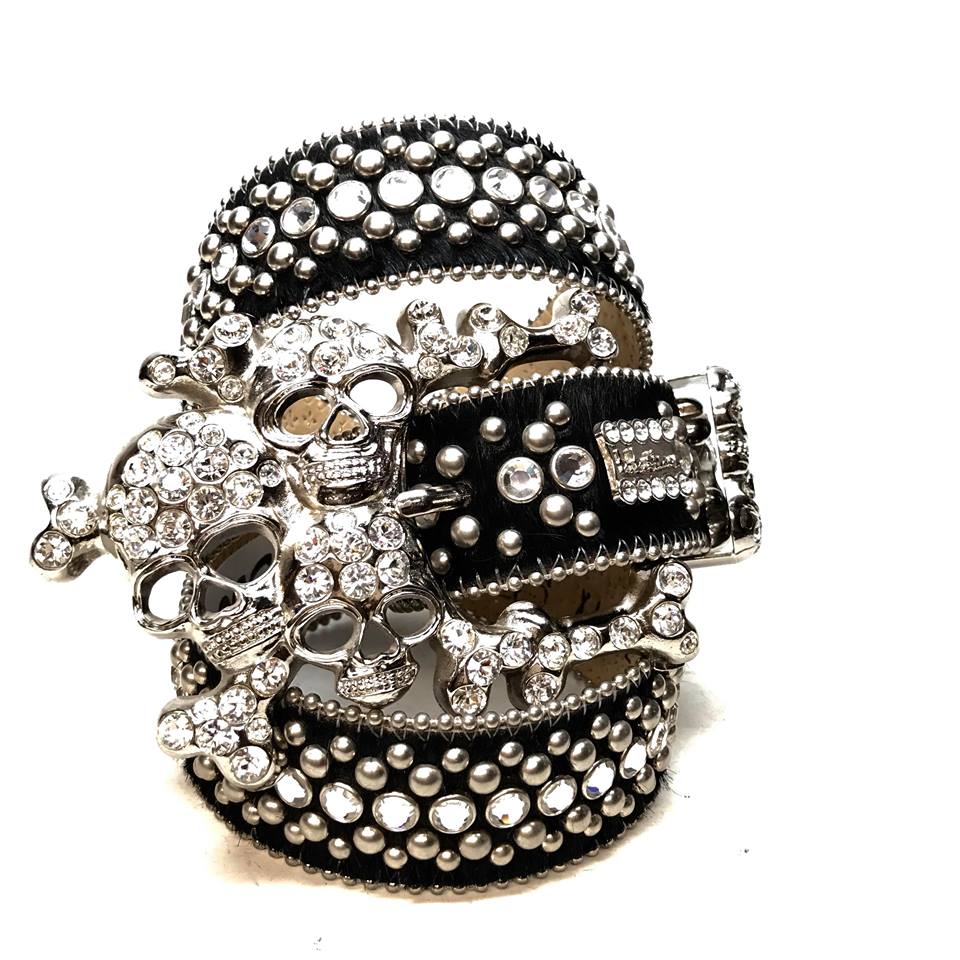b.b. Simon Black Skull Studded Pony Hair Crystal Belt - Dudes Boutique
