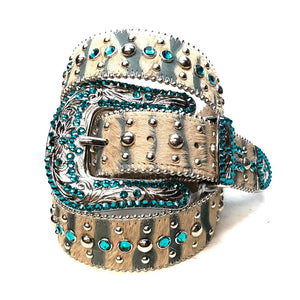 b.b. Simon Blue/Cream Pony Hair Crystal Belt - Dudes Boutique