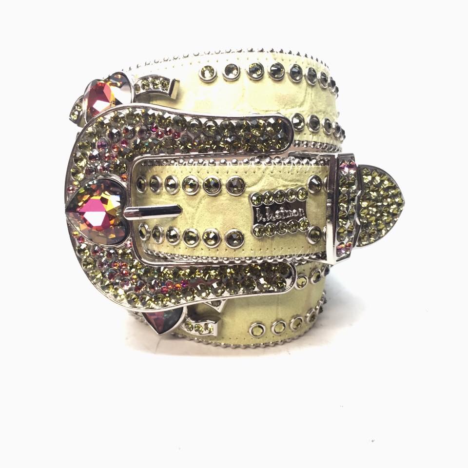 b.b. Simon Green Iridescent Heart Leather Crystal Belt - Dudes Boutique