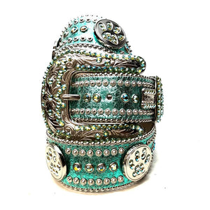 b.b. Simon Metallic Teal Paw Leather Crystal Belt - Dudes Boutique