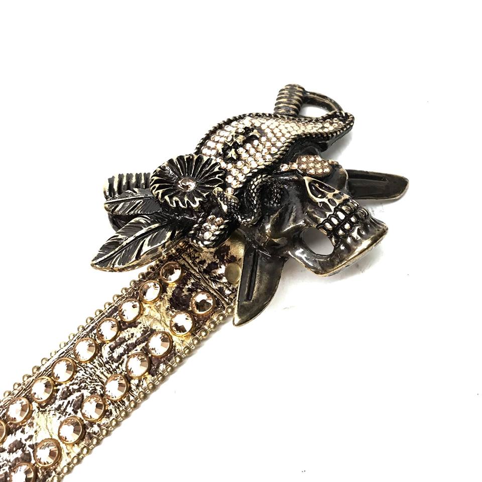 b.b. Simon Golden Pirate Head Leather Crystal Belt - Dudes Boutique