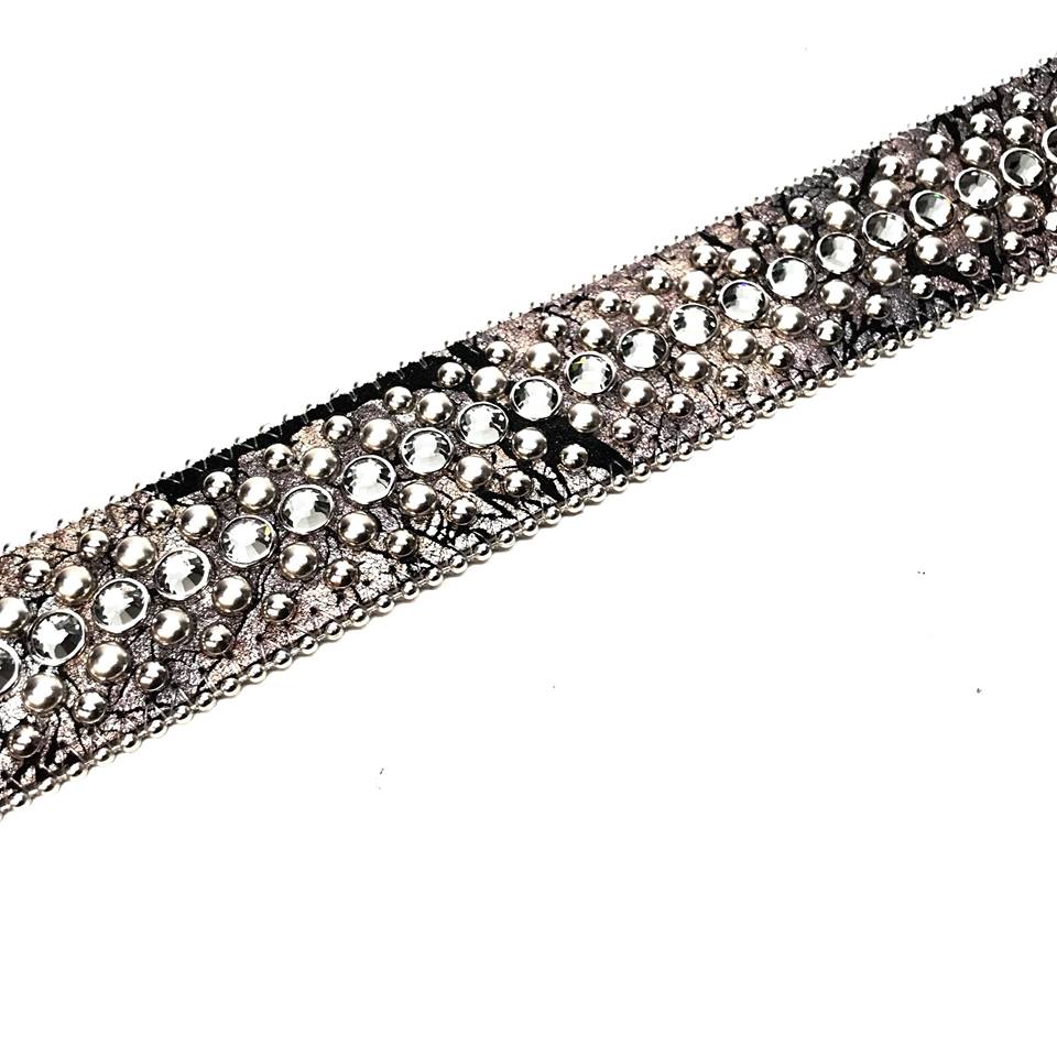 b.b. Simon Gray Crackle Leather Fully Loaded Crystal Belt - Dudes Boutique