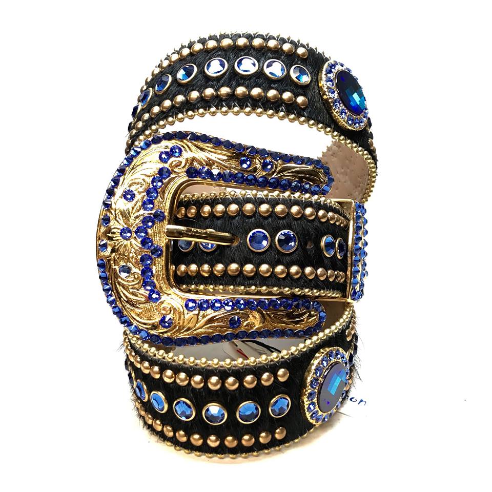 b.b. Simon Royal Blue/Gold/Black Studded Pony Hair Swarovski Crystal Belt