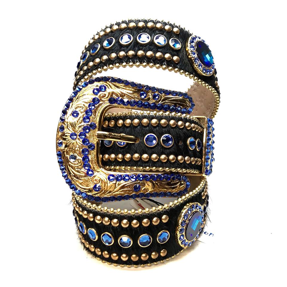 b.b. Simon Royal Blue/Gold/Black Studded Pony Hair Swarovski Crystal Belt - Dudes Boutique