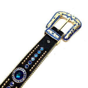 b.b. Simon Royal Blue/Gold/Black Studded Pony Hair Swarovski Crystal Belt - Dudes Boutique