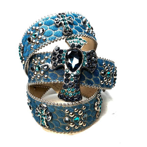 b.b. Simon Blue Pony Hair Cross Crystal Belt - Dudes Boutique