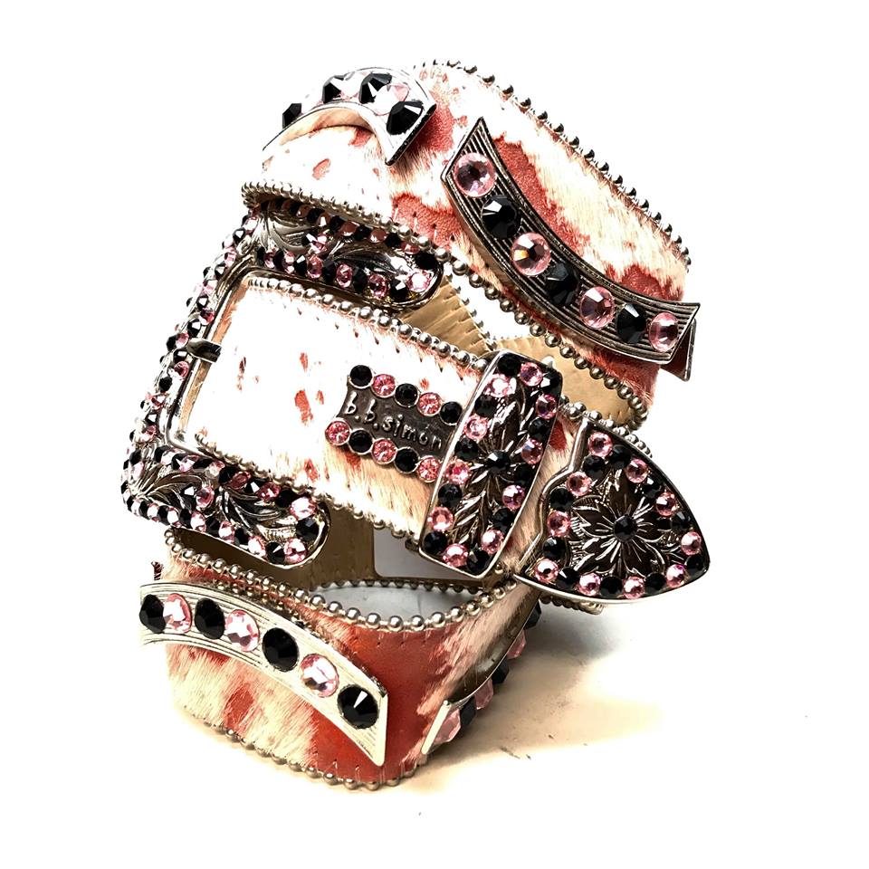 b.b. Simon Salmon/Black Pony Hair Crystal Belt - Dudes Boutique