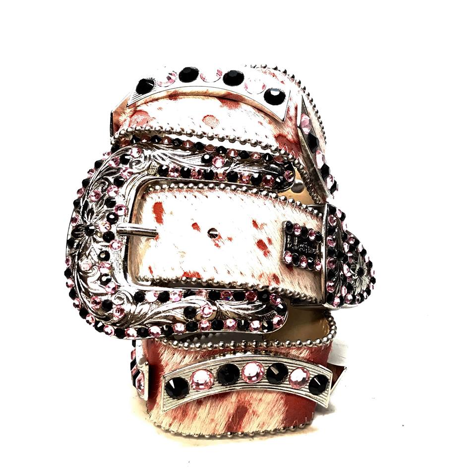 b.b. Simon Salmon/Black Pony Hair Crystal Belt - Dudes Boutique