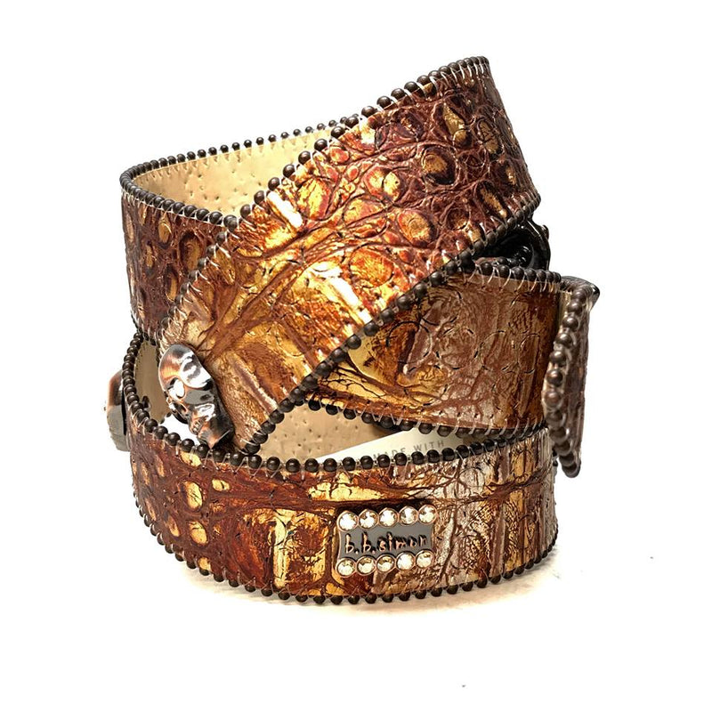 b.b. Simon Brown Pirate Skull Head Leather Crystal Belt - Dudes Boutique