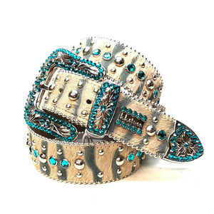 b.b. Simon Blue/Cream Pony Hair Crystal Belt - Dudes Boutique