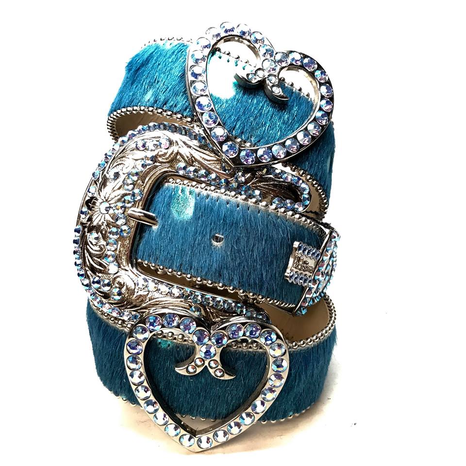 B.B. Simon White Belt with Blue Crystals and Silver Parachute Studs