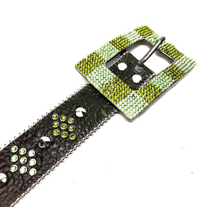 b.b. Simon Green Studded Leather Fully Loaded Big Block Crystal Belt - Dudes Boutique