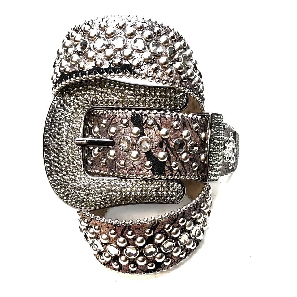 b.b. Simon Gray Crackle Leather Fully Loaded Crystal Belt - Dudes Boutique