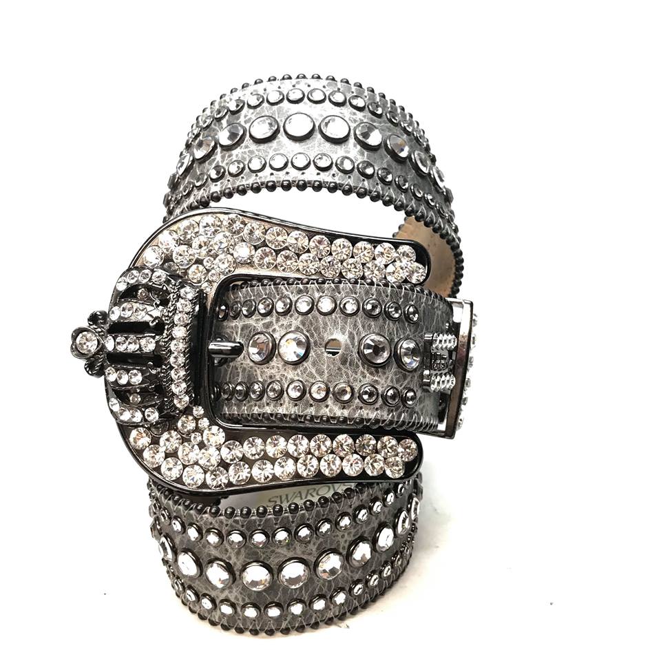 b.b. Simon Royal Silver Crown Leather Crystal Belt - Dudes Boutique