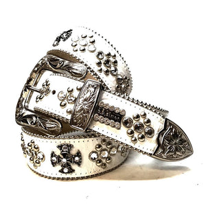 b.b. Simon White Iron Cross Leather Crystal Belt - Dudes Boutique