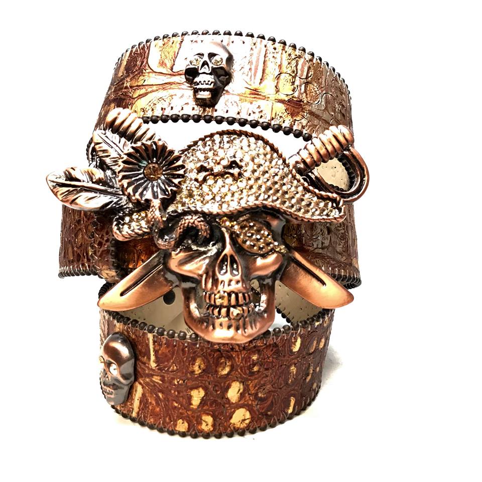 b.b. Simon Brown Pirate Skull Head Leather Crystal Belt - Dudes Boutique