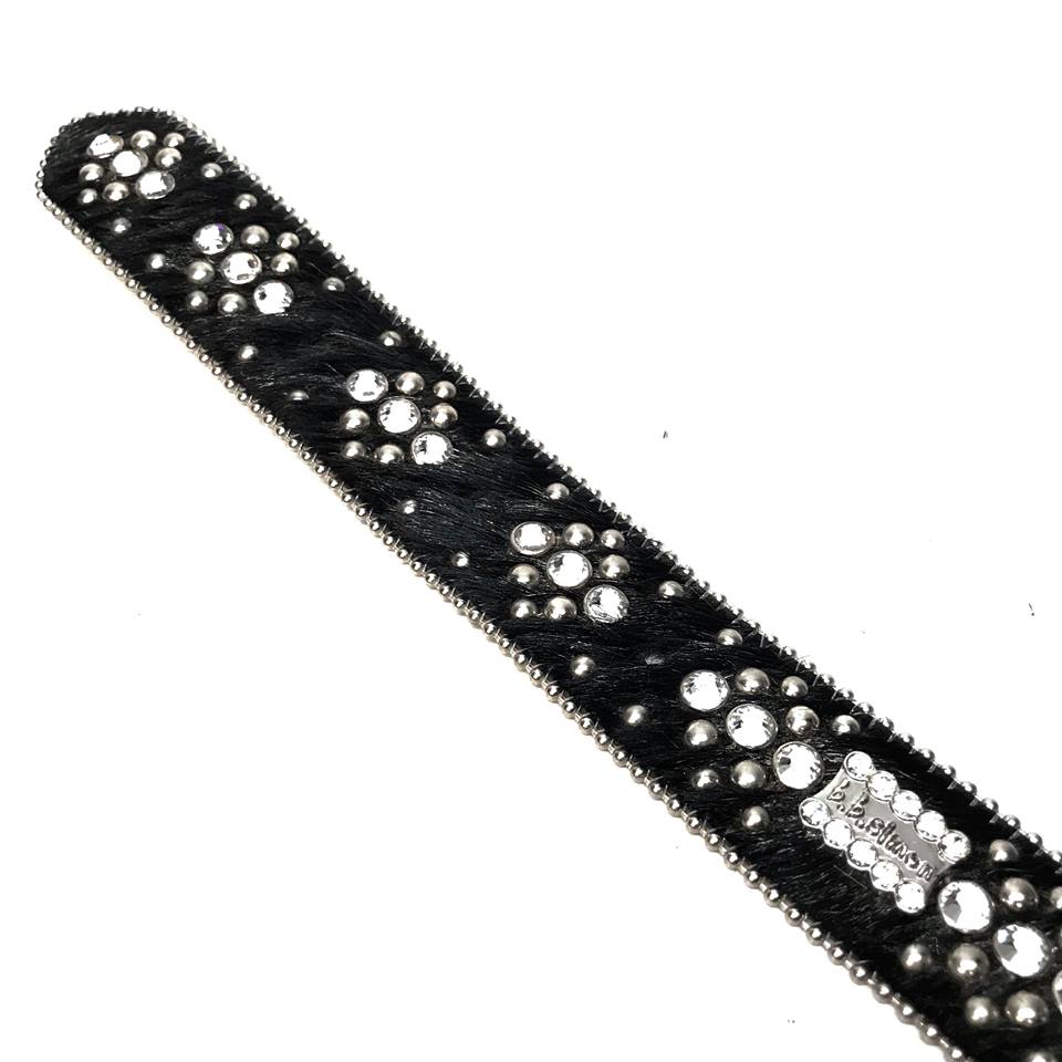 b.b. Simon Black Studded Pony Hair Cross Crystal Belt - Dudes Boutique