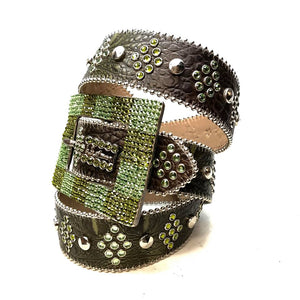 b.b. Simon Green Studded Leather Fully Loaded Big Block Crystal Belt - Dudes Boutique