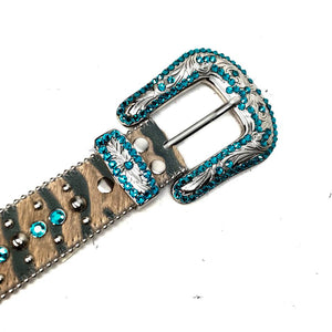 b.b. Simon Blue/Cream Pony Hair Crystal Belt - Dudes Boutique