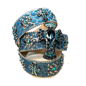 b.b. Simon Blue Pony Hair Cross Crystal Belt - Dudes Boutique