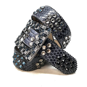 b.b. Simon Multi Blue Fully Loaded Big Block Leather Crystal Belt - Dudes Boutique