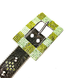 b.b. Simon Green Studded Leather Fully Loaded Big Block Crystal Belt - Dudes Boutique