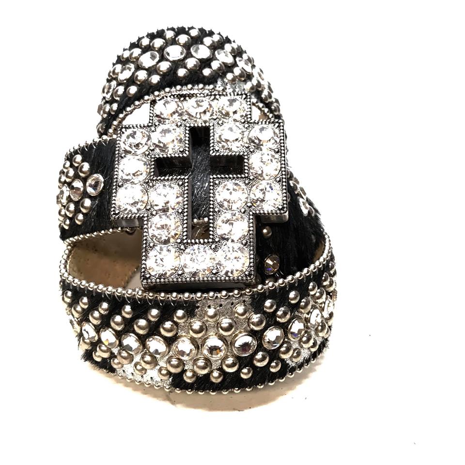 b.b. Simon Black Studded Pony Hair Cross Crystal Belt - Dudes Boutique