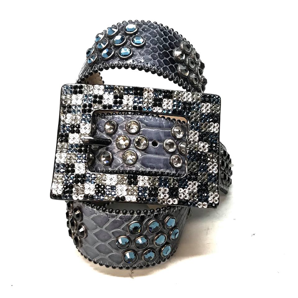 b.b. Simon Multi Blue Fully Loaded Big Block Leather Crystal Belt - Dudes Boutique