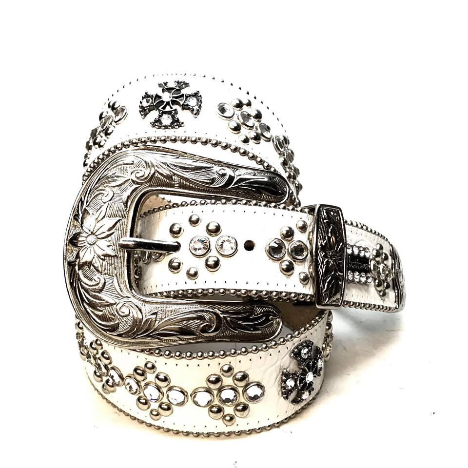 b.b. Simon White Iron Cross Leather Crystal Belt - Dudes Boutique