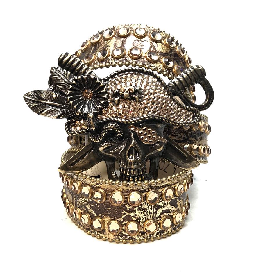 b.b. Simon Golden Pirate Head Leather Crystal Belt - Dudes Boutique