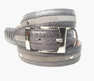 Mauri Gray Studded Suede/Ostrich Leg Belt - Dudes Boutique