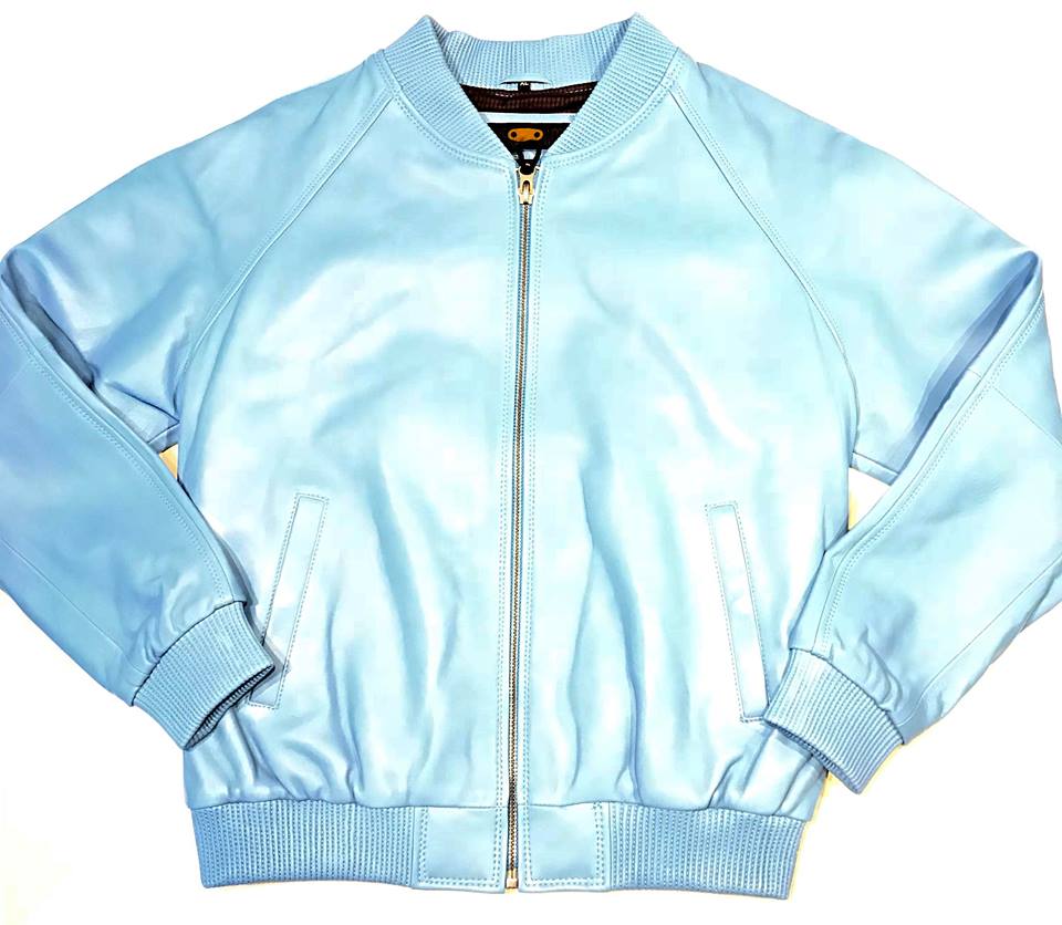 Baby Blue Naked Lambskin Bomber Jacket - Dudes Boutique