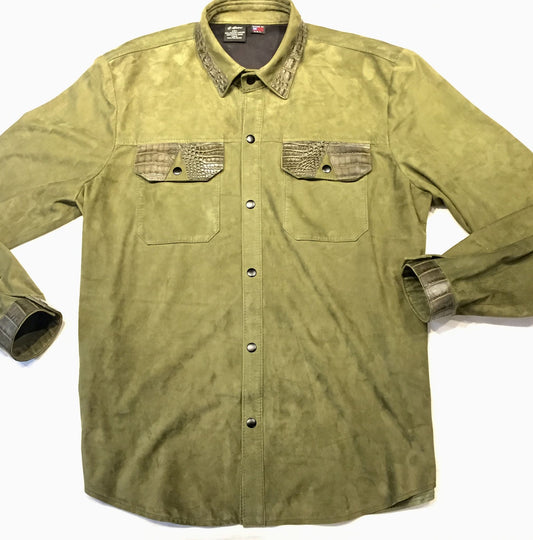 G-Gator Forest Green Suede Alligator Button Up Shirt - Dudes Boutique