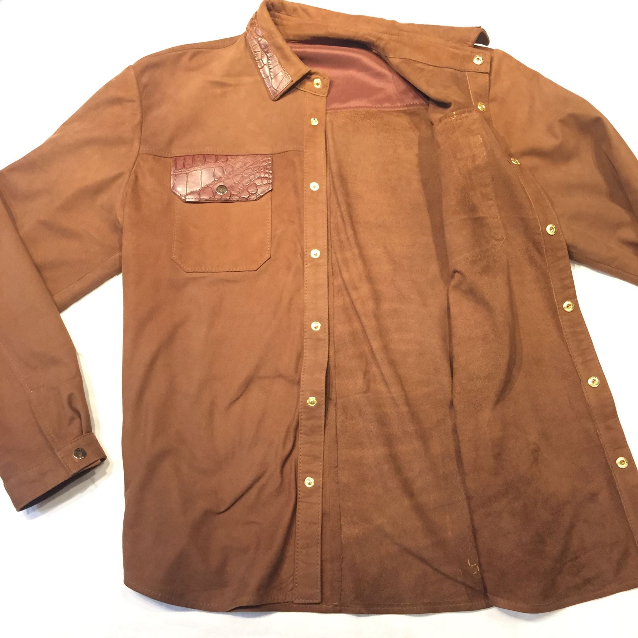 Kashani Brown Suede Alligator Button Up Shirt - Dudes Boutique