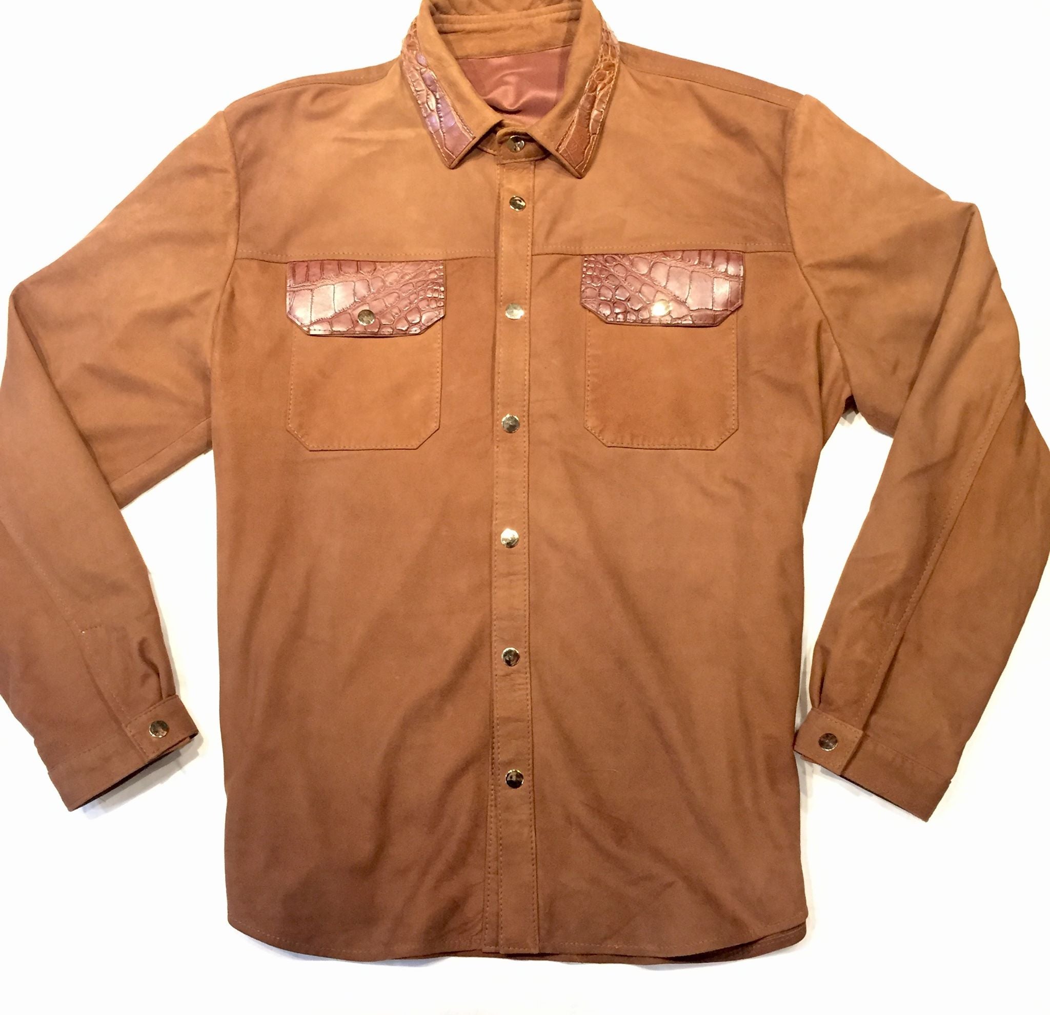 Kashani Brown Suede Alligator Button Up Shirt - Dudes Boutique