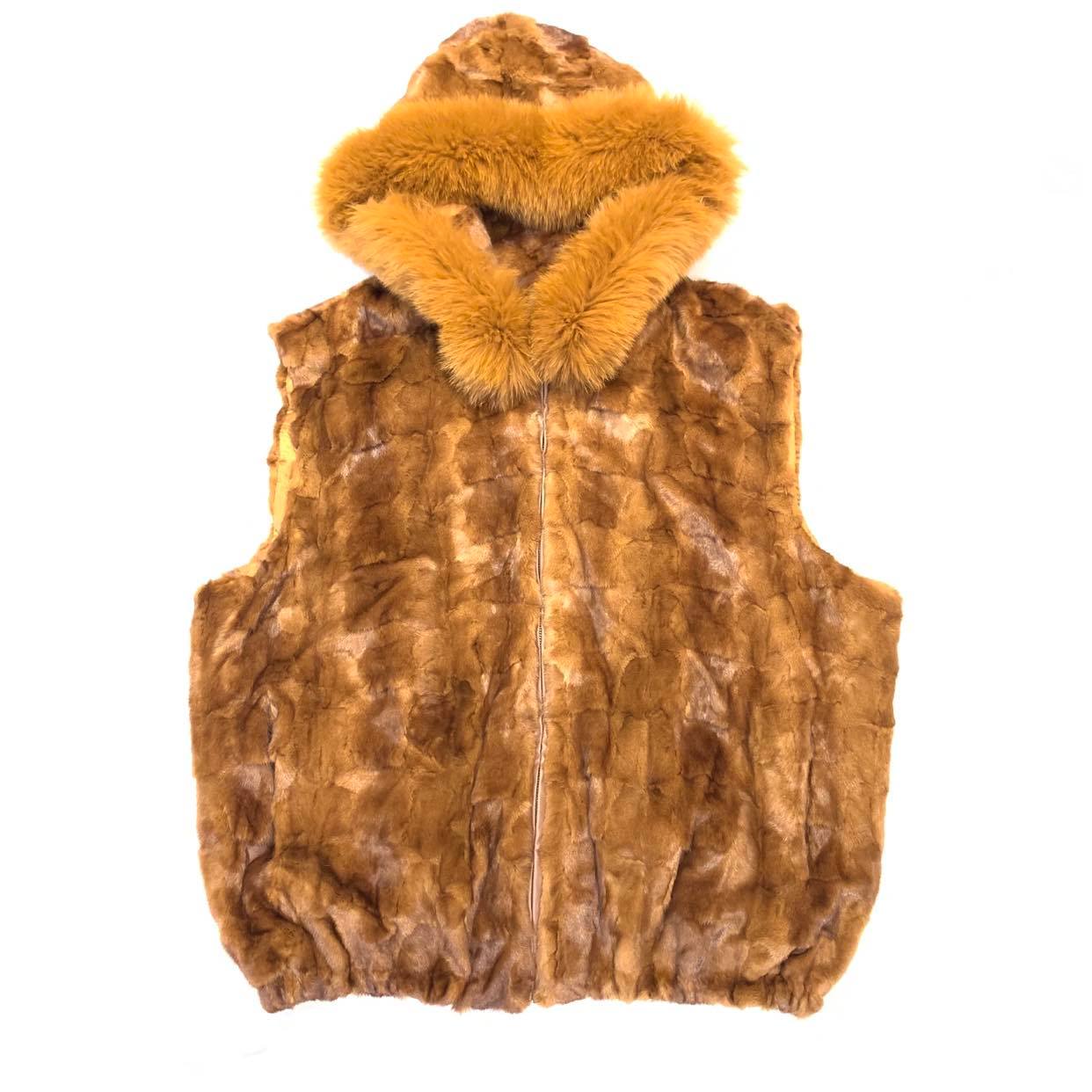 Kashani Men's Whisky Mink Diamond Cut Fox Fur Hooded Vest - Dudes Boutique