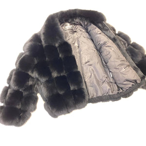 Kashani Men's Black Fluffy Spliced Fox Fur Bomber Coat - Dudes Boutique