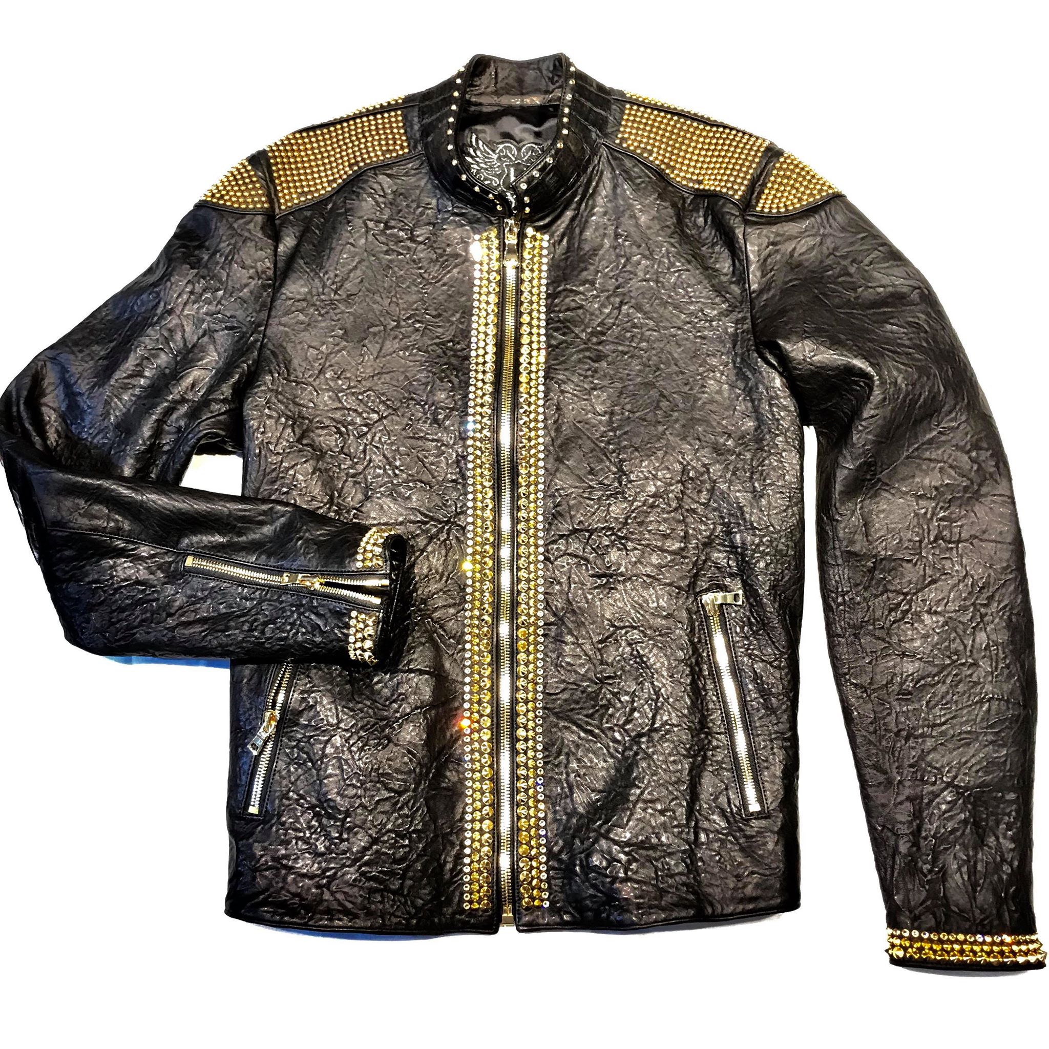 Kashani Alligator Studded Swarovski Lambskin Bomber Jacket - Dudes Boutique
