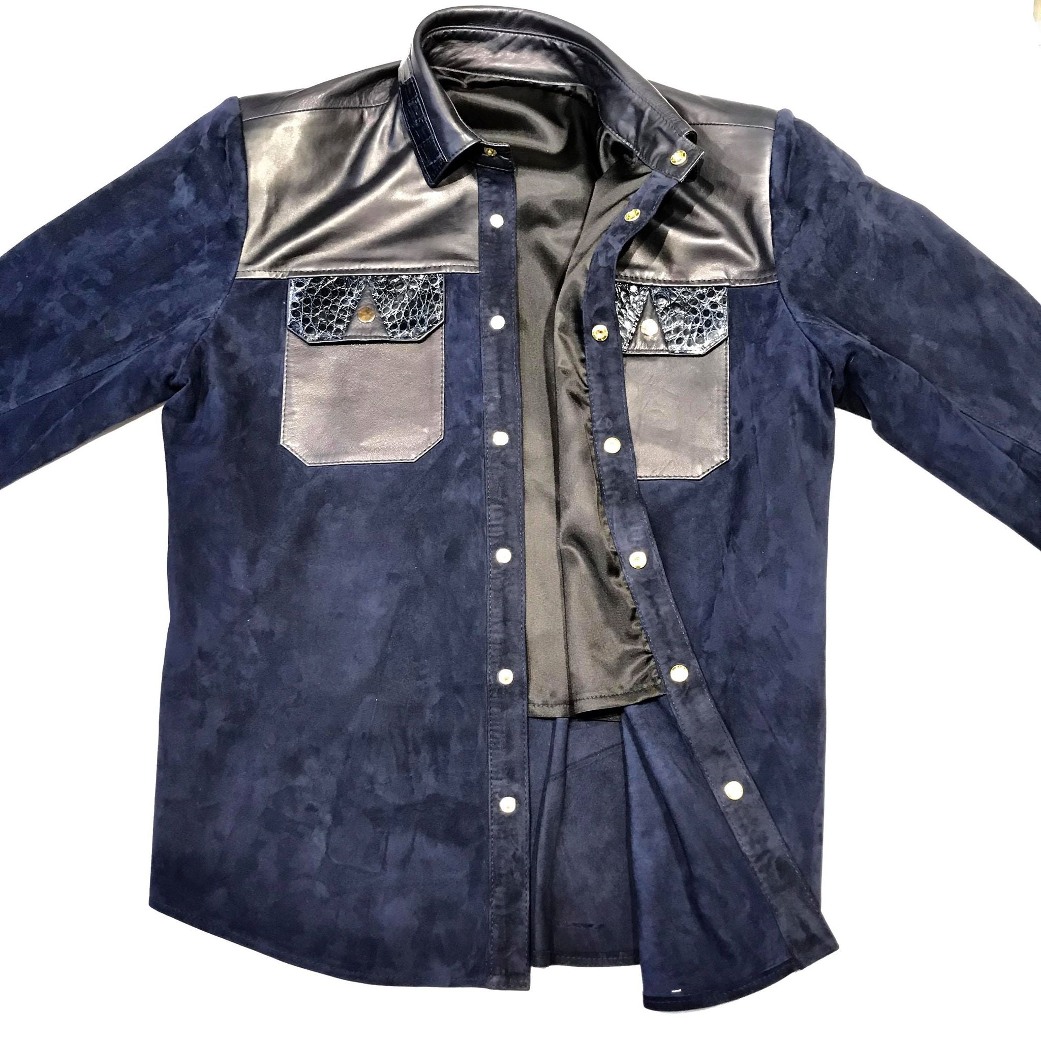 Kashani Deep Navy Crocodile Suede Button Up Shirt - Dudes Boutique