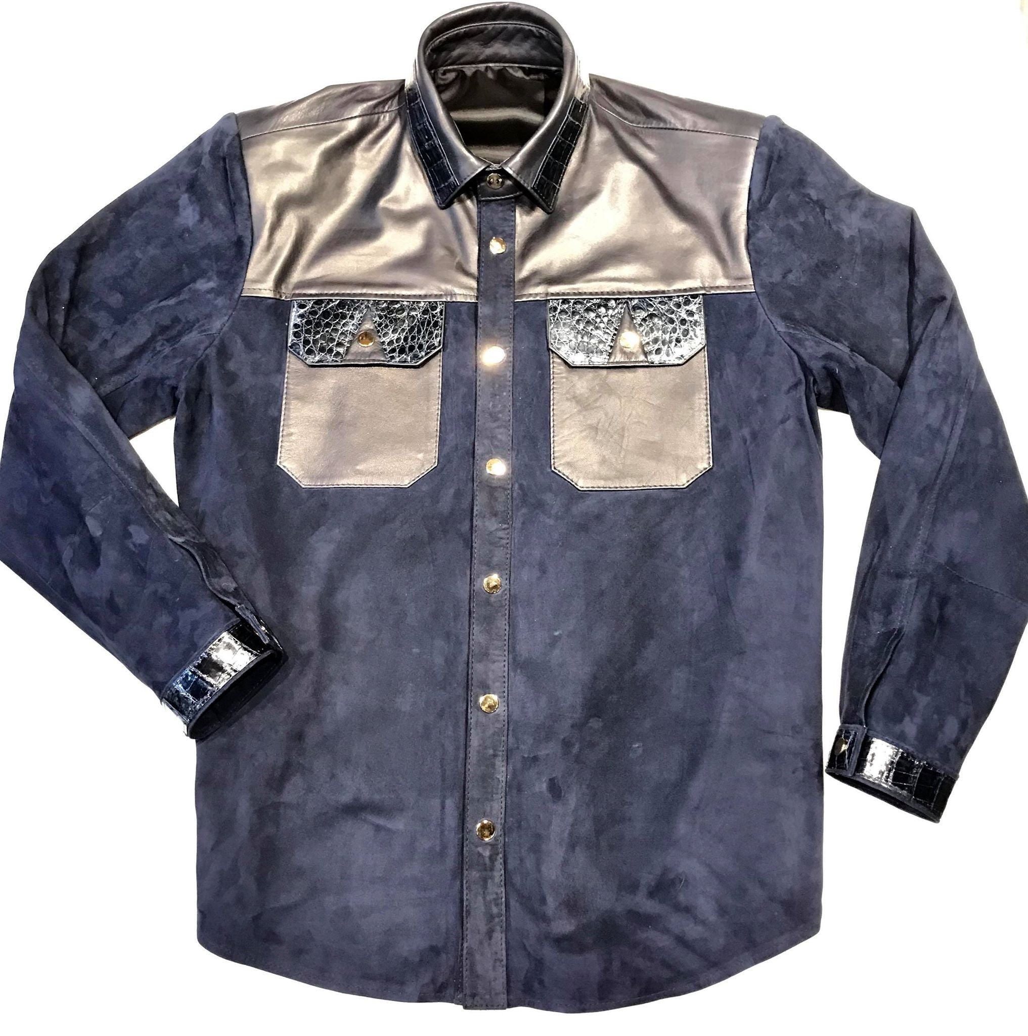 Kashani Deep Navy Crocodile Suede Button Up Shirt - Dudes Boutique
