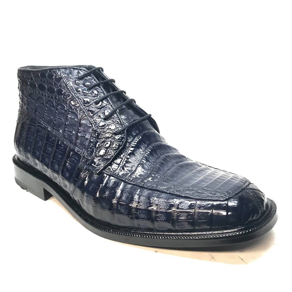 Los Altos Navy All over Crocodile Belly Lace-Up Dress Ankle Boots - Dudes Boutique