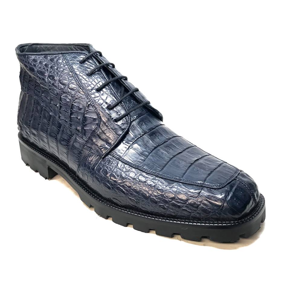 Los Altos Navy Blue All-Over Crocodile Belly Lace Up Ankle Boots - Dudes Boutique