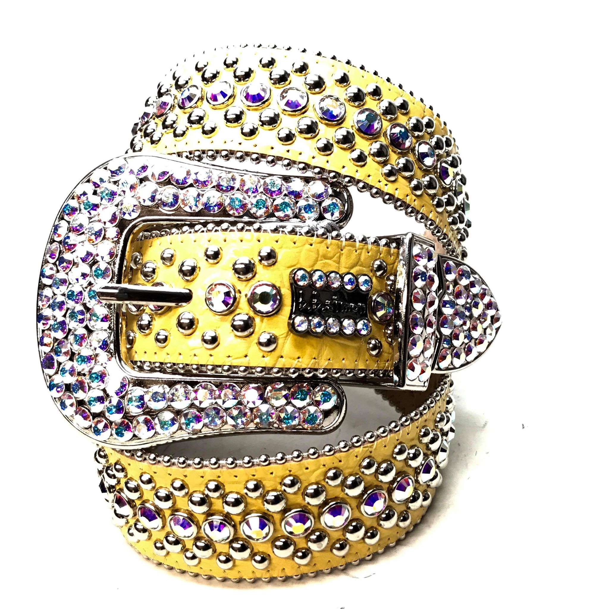 b.b. Simon 'Yellow Croc' Fully Loaded Iridescent Crystal Belt - Dudes Boutique
