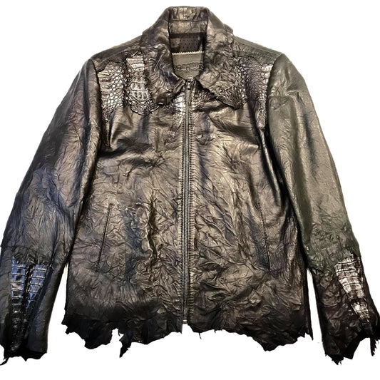 Kashani LUX jet black raw cut alligator lambskin bomber jacket