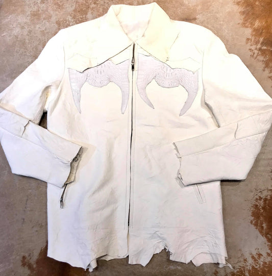 Kashani LUX white raw cut alligator lambskin bomber jacket