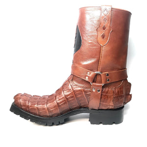 Safari Cognac Harness Crocodile Biker Boots - Dudes Boutique