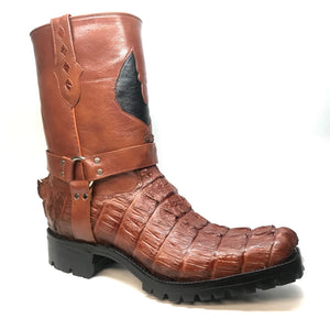 Safari Cognac Harness Crocodile Biker Boots - Dudes Boutique