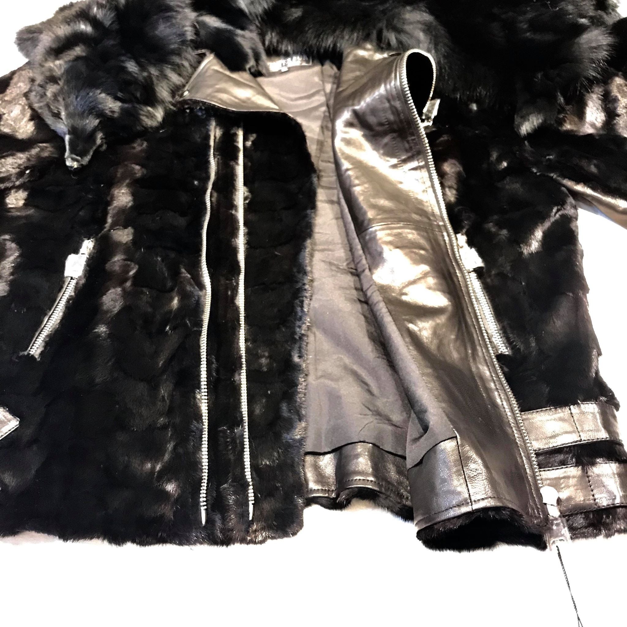 Kashani Mink Black Detachable Fox Collar Bomber Jacket - Dudes Boutique