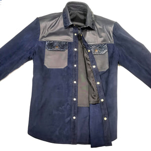 Kashani Deep Blue Suede Horn-Back Lambskin Shirt - Dudes Boutique