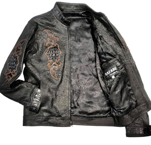 Kashani Black Horn-Back Alligator Stitched Bomber Jacket - Dudes Boutique